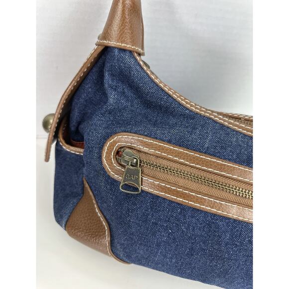 Y2K Gap Jeans 1969 Denim Hobo Shoulder Bag Brown Leather Trim Brass Zip Purse - Picture 4 of 16